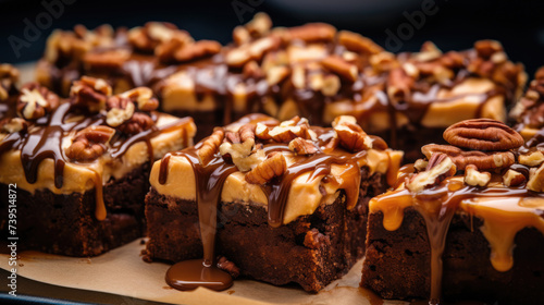 Pecan Brownies. Close-up look at luxurious nut brownies with caramel frosting. photo