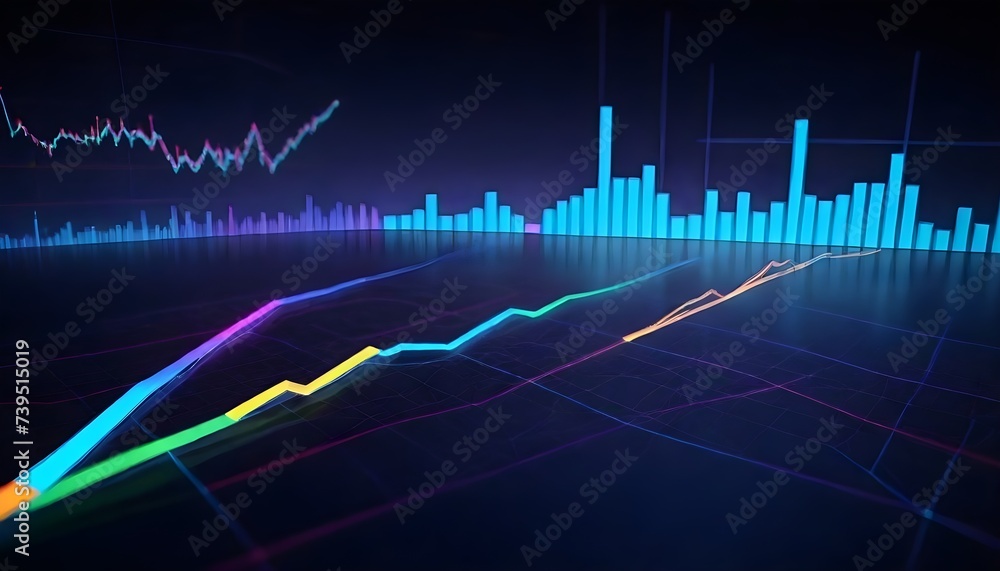 A holograph stock market graph with upward trending lines and bars on a dark background projection of financial graphs