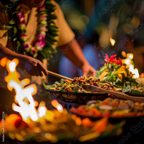 Traditional Hawaiian Luau Feast with Vibrant Food and Flames