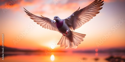 Pigeon flying back to outstretched hands against colorful sunrisesunset backdrop Symbolizing freedom peace and hope. Concept Freedom, Peace, Hope, Pigeon, Sunrise/Sunset © Ян Заболотний