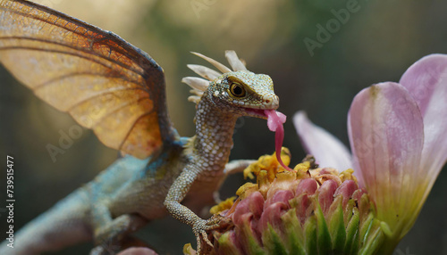 A realistic majestical little cute dragon is eating flower petals and nectar in the rain forest