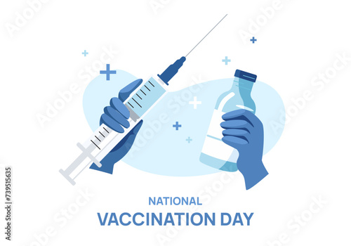 Vaccination,  injection. Vaccine bottle and syringe. National Vaccination Day. Time to vaccinate. Immunity. Covid-19 Coronavirus. Vector illustration