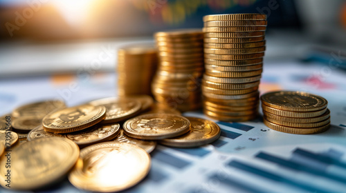Wallpaper Mural Stacks of gold coins on financial charts. Selective focus. Concept for financial freedom and wealth. Torontodigital.ca