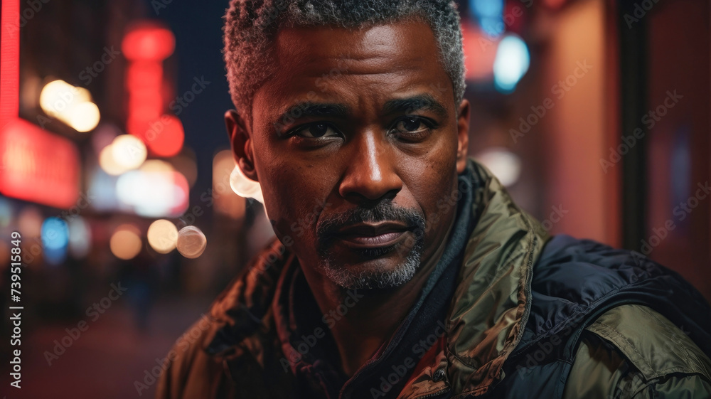 african american military veteran wolking in a big city at night with sad expression