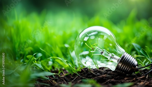 sustainability, renewable or sustainable energy concept - lightbulb against green nature reflecting environment concept, invention, develop, efficency and success. creative illustration. generative ai