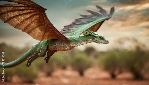 A realistic green orange dragon in the outback of australia photo