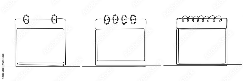 Calendar continuous line drawn collection. Reminder empty templates group. Time planer linear symbols set. Vector illustration isolated on white background. - obrazy, fototapety, plakaty 
