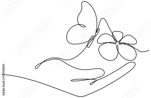 Flying butterfly with flower in hand continuous one line drawing. Vector hand drawn illustration isolated on white.
