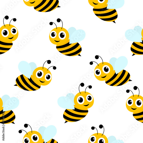Cute flying bees seamless pattern. Cartoon bees with big eyes. Vector illustration.
