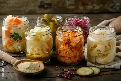 Probiotic food: pickled cabbage, cucumbers, kimchi