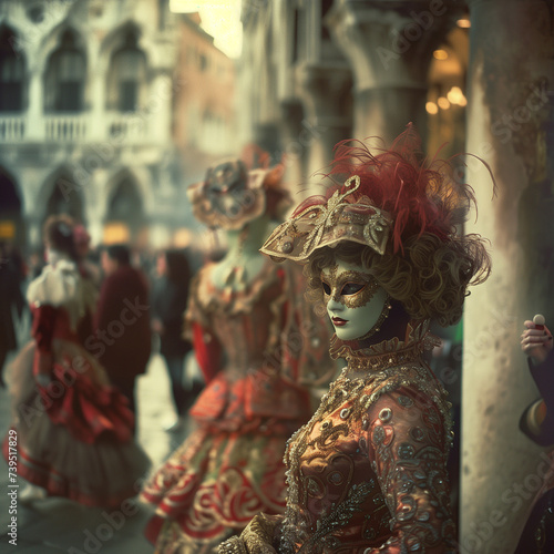 Venetian Carnival Elegance: Masked Reveler in Traditional Costume © HustlePlayground