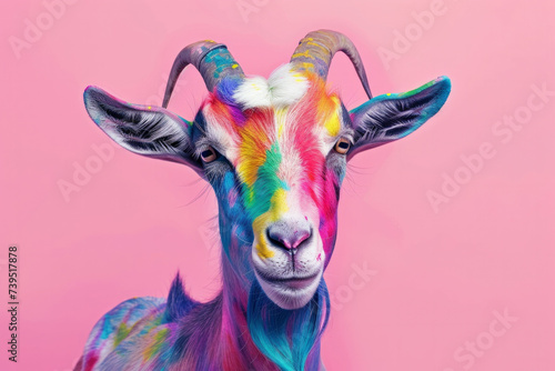 Abstract of fashion style goat portrait, goats fur multi colored colorful on skin body and hairs paint. Cartoon colorful goat. Portrait of Funny laughing goat with a colorful design style. © Nataliia_Trushchenko