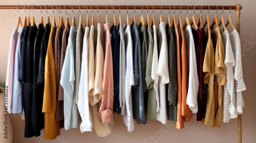 Wardrobe organization. Hanger with fashionable outfits