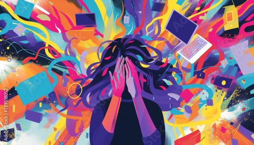 Illustration depicting a woman overwhelmed by work stress and burnout due to information overload in modern technology photo
