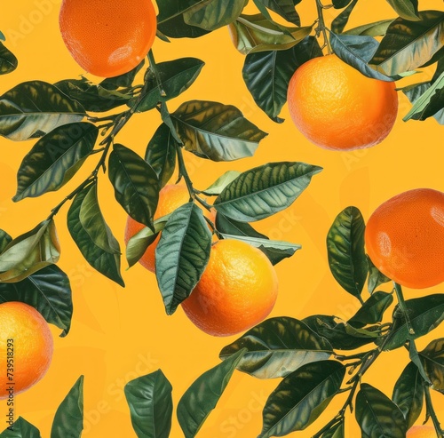 oranges, orange leaves, leaves of thorns on yellow background