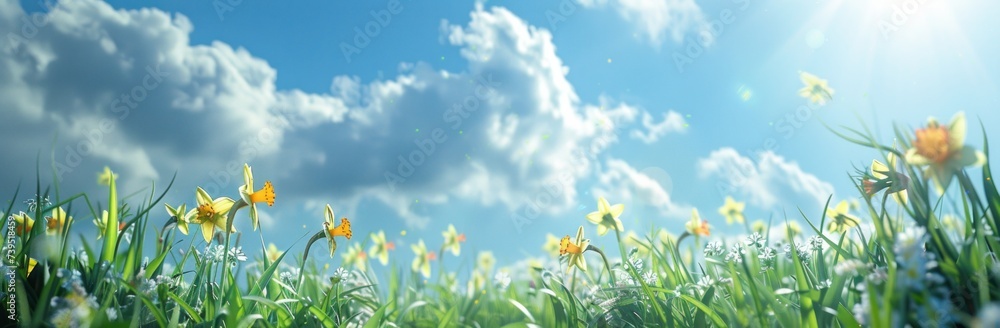 yellow daffodils on green grass under blue sky