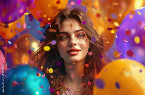 A girl in a of vibrant balloons and confetti, set against a backdrop of rich,...