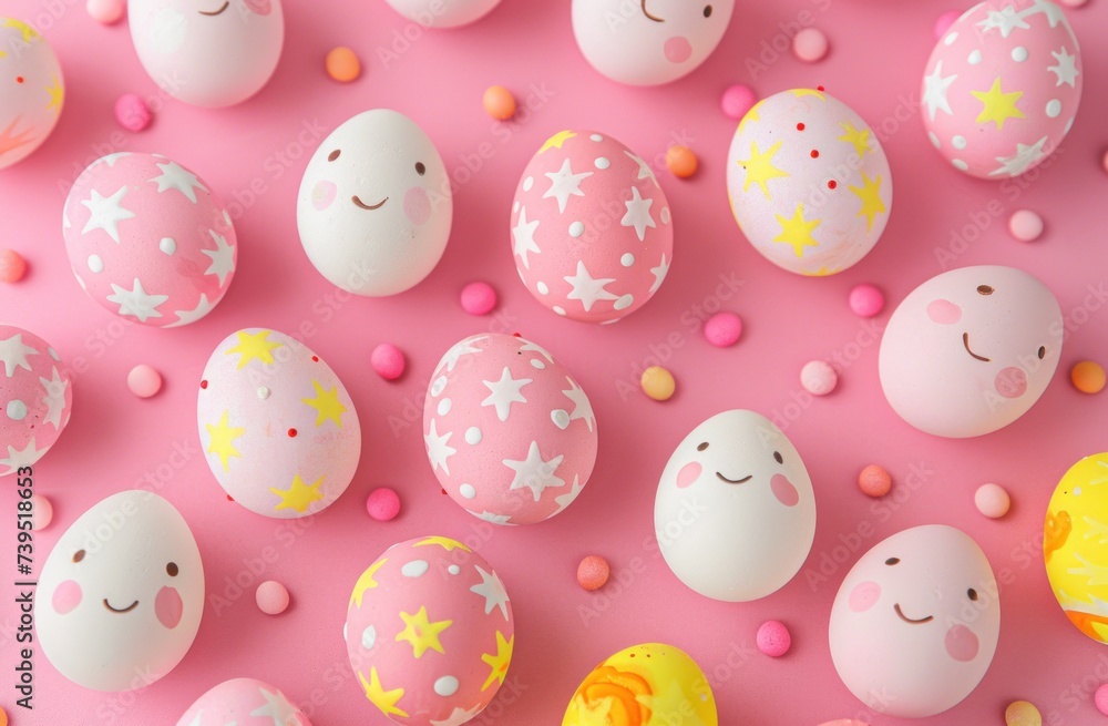 many easter eggs on a pink colored background many easter eggs on a pink colored background