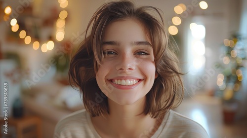 a joyful and charming teenage girl with a hairstyle, beaming widely, white te...