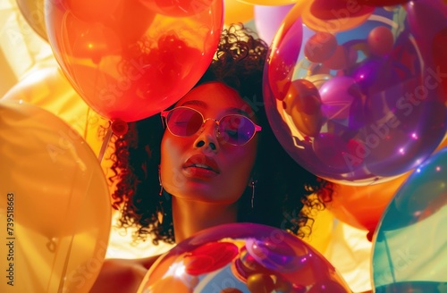 A girl in a cascade of vibrant balloons and confetti, set against a backdrop ...
