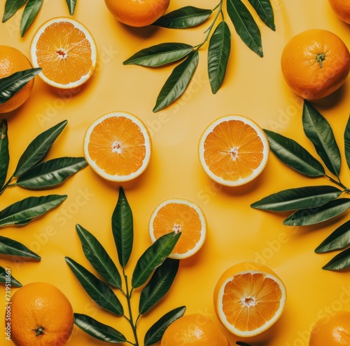 oranges, orange leaves, leaves of thorns on yellow background