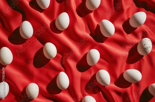 white board with eggs floating among red coloured