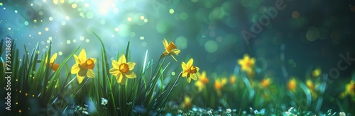 yellow daffodils and grass with sun