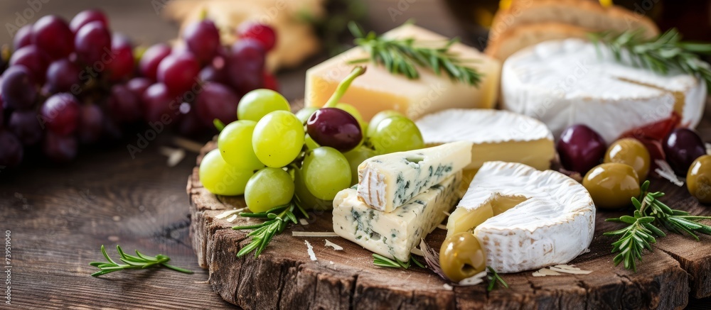 Rustic wooden board with assorted cheese, fresh grapes, and gourmet cheese platter for wine pairing Rustic wooden board with assorted cheese, fresh grapes, and gourmet cheese platter for wine pairing