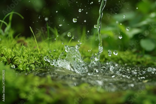 A vivid and detailed image capturing the moment rainwater impacts and splashes on vibrant green moss