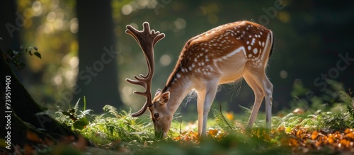 Majestic deer grazing peacefully on green grass in the lush forest