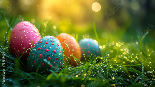 The magic of Easter with colorful eggs nestled in the grass on a sunny spring day 