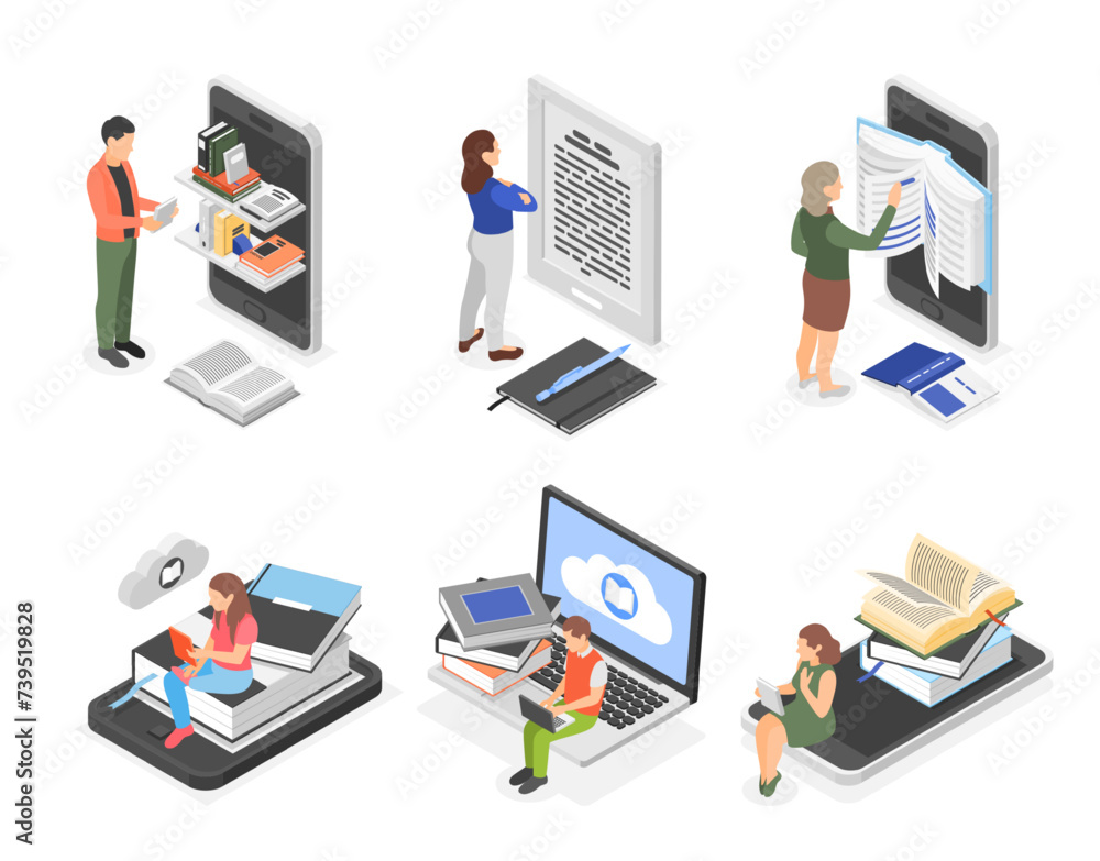 Isometric people online education. Man woman reading and learning with paper and digital books. Adult using online library, flawless vector scenes