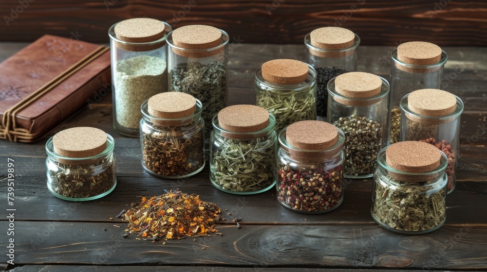 Herbalist's Workbench with Earth-Toned Jars and Antique Leather Books. Herbalist's Workbench with Earth-Toned Jars and Antique Leather Books.