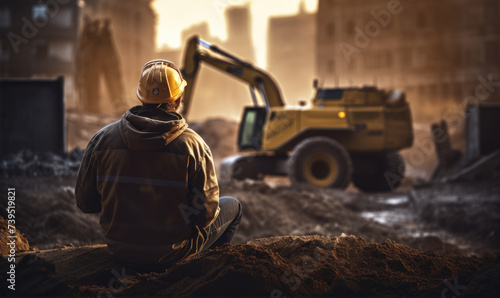Worker from behind with yellow helmet on constructon site. Industry concept