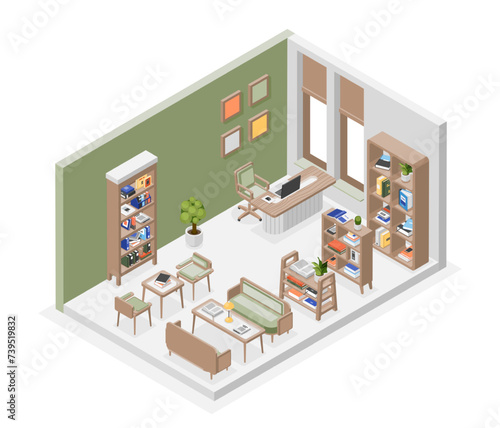 Isometric library interior. Reading club or bookstore. Room with bookshelves, chairs and desk. School or university, flawless vector scene