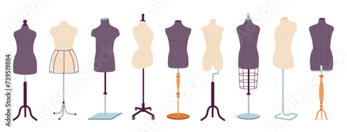 Tailor mannequins. Isolated unisex, female and male dummies. Equipment for fashion design and home needlework. Various body on stands, decent vector set