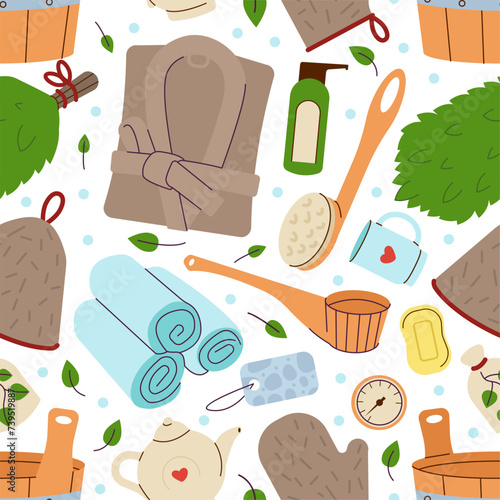 Sauna seamless pattern. Finnish bathhouse tools, cartoon spa wellness equipment. Cozy elements fabric print design, decent vector background