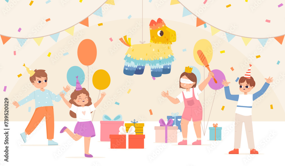 Party pinata for children birthday celebration. Kid hitting pinata with confetti, funny festive entertainment. Cartoon kids having fun, snugly vector scene