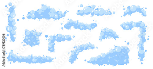 Soap foam cartoon elements. Clouds bubbles of shampoo or wash gel. Different shapes of bath foams, cleaning or washing. Isolated snugly vector clipart photo