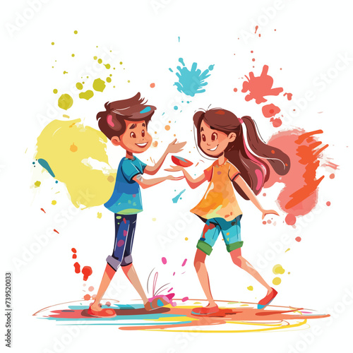Illustration of couple playing Holi with color an