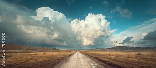 Scenic dirt road landscape with dramatic cloudy sky background, rural countryside travel concept