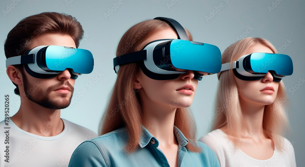 Young people in VR glasses on a blue background, virtual space, a man and women look at virtual world Young people in VR glasses on a blue background, virtual space, a man and women look at virtual world