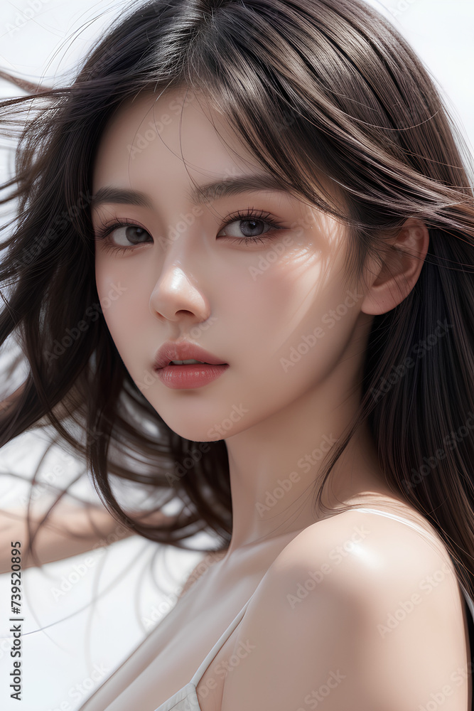 Naklejka premium Gorgeous Asian Young Female Model - Fashion or Cosmetics Model - Surreal Beauty with Perfect Fine Features - Beautiful Smooth Hair