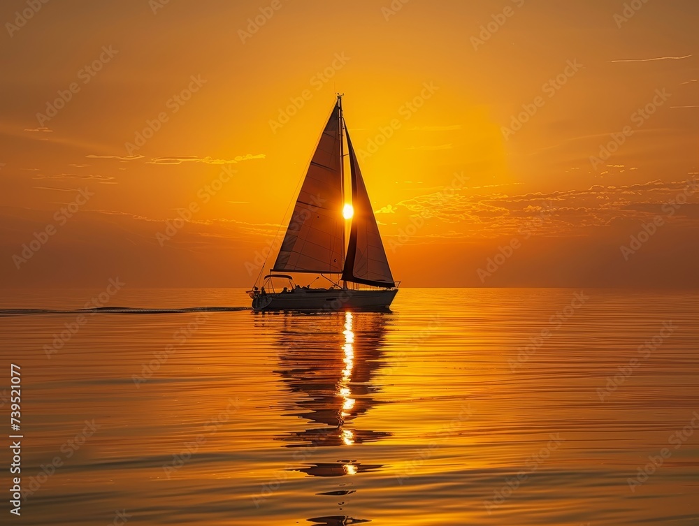 Sailing at sunset, boat silhouette on golden sea, tranquil