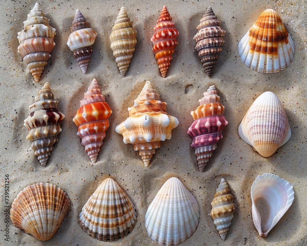 Seashell collection on sandy beach, variety of shapes and colors Seashell collection on sandy beach, variety of shapes and colors