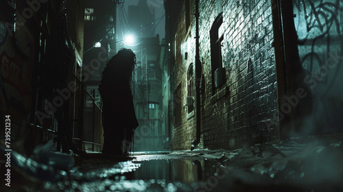 An intense scene set in a dimly lit alleyway with a monstrous figure lurking in the shadows