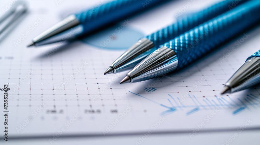 Blue pens on white graph paper. Office supply basics. Blue pens on white graph paper. Office supply basics.