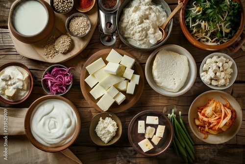 Probiotic food: yogurt, kefir, tofu, buttermilk, cheese, pickles, kimchi photo