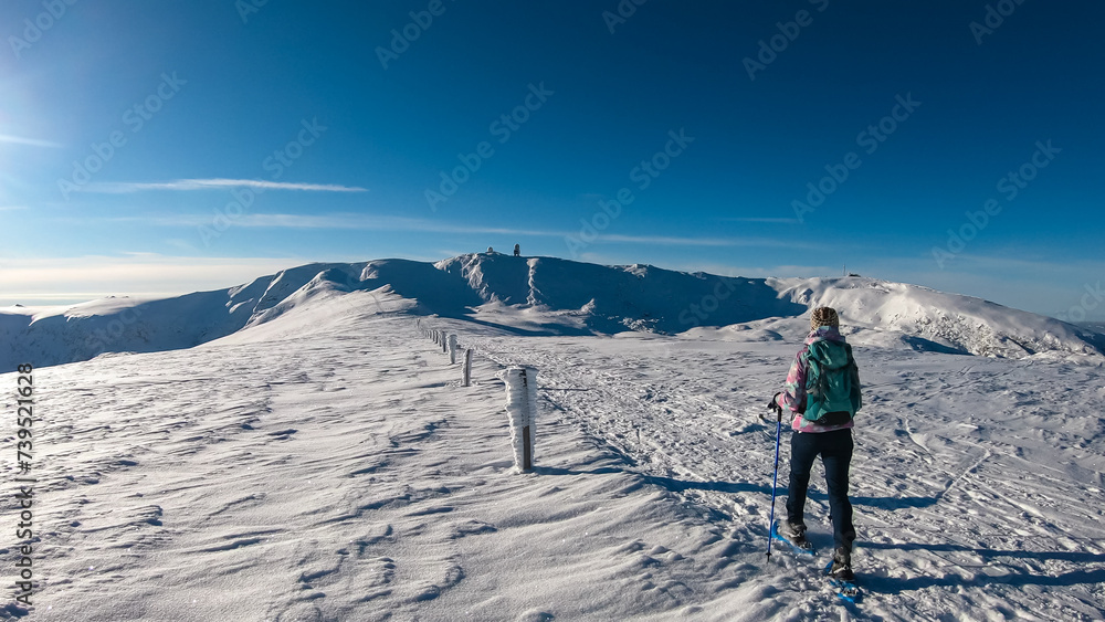 Woman in snowshoes on the way to majestic summit peak Grosser Speikogel in Kor Alps, Lavanttal Alps, Carinthia Styria, Austria. Winter wonderland in Austrian Alps. Idyllic ski touring hiking trail
