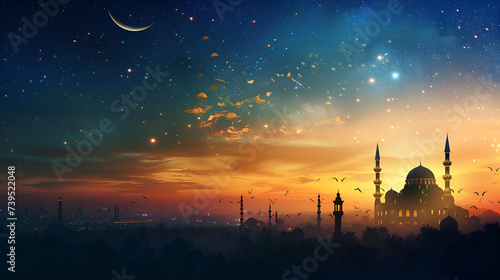Ramadan banner with copy space, crescent moon and mosque at sunset and blue background with space for text